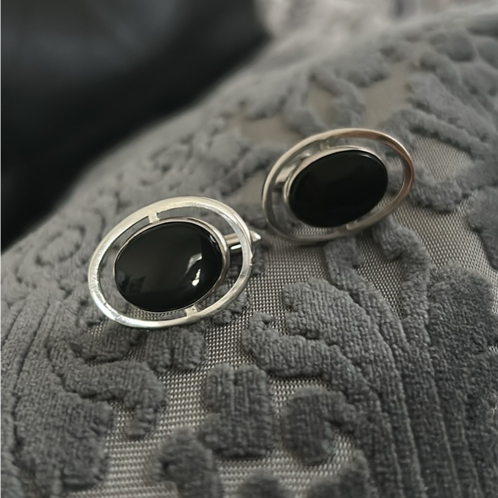 Silver and Black Oval Cufflinks - Swank